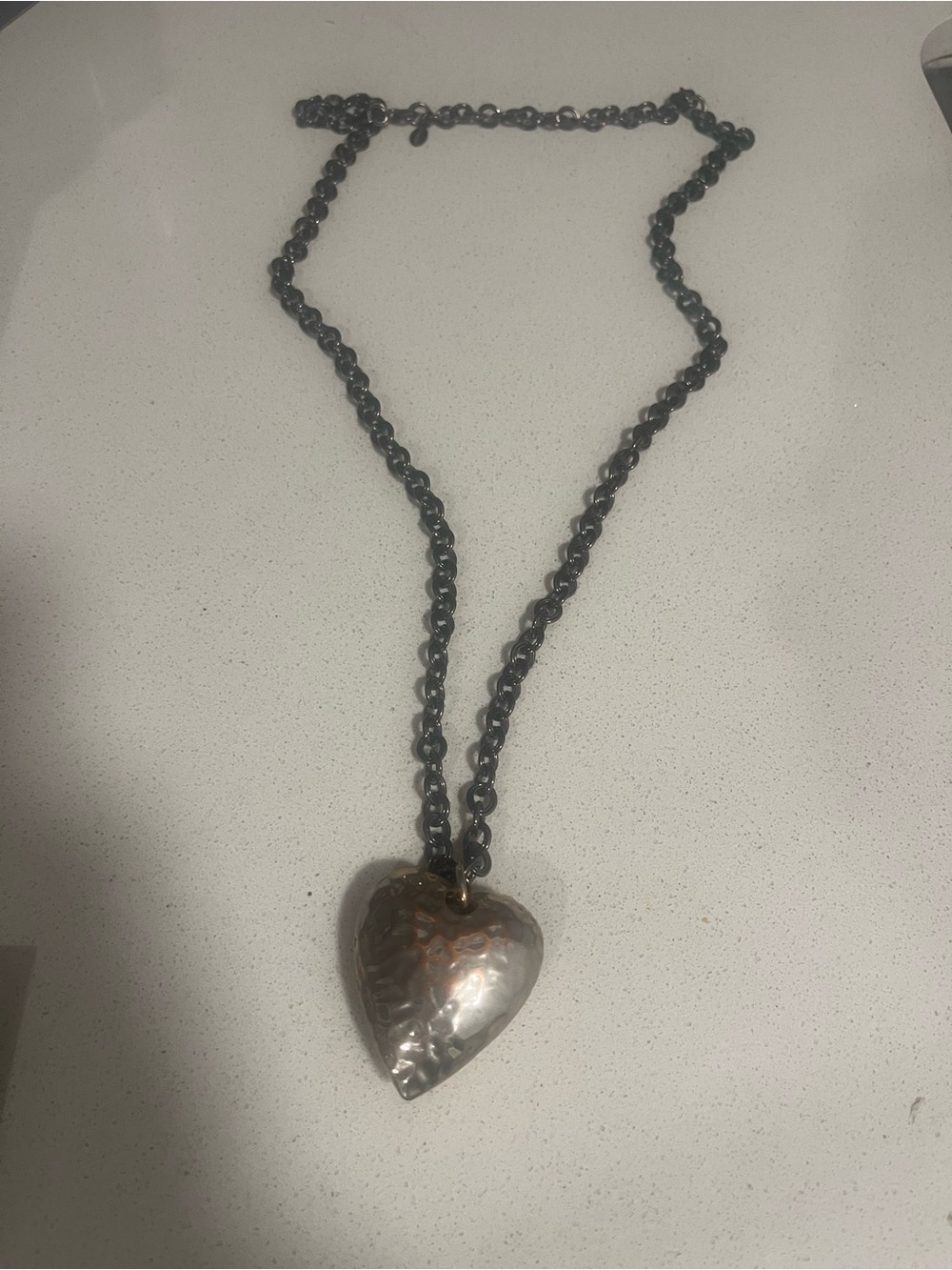 Hammered Heart Pendant Necklace - Black Chain, Silver Heart